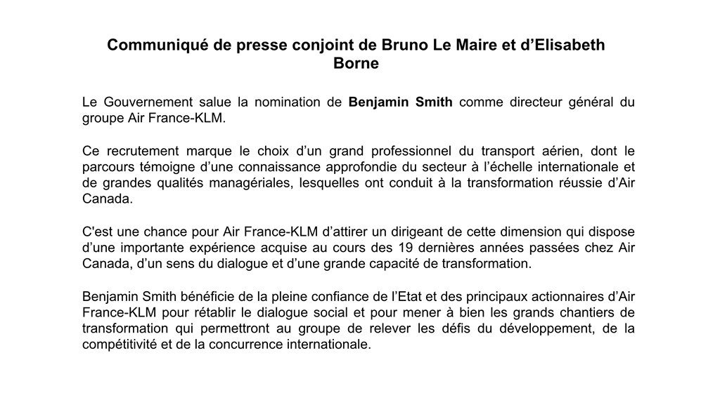 Le canadien Benjamin Smith nommé à la tête d'Air France-KLM