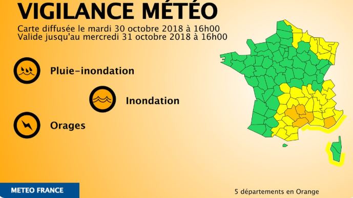 Inondations: 5 départements du sud en vigilance orange