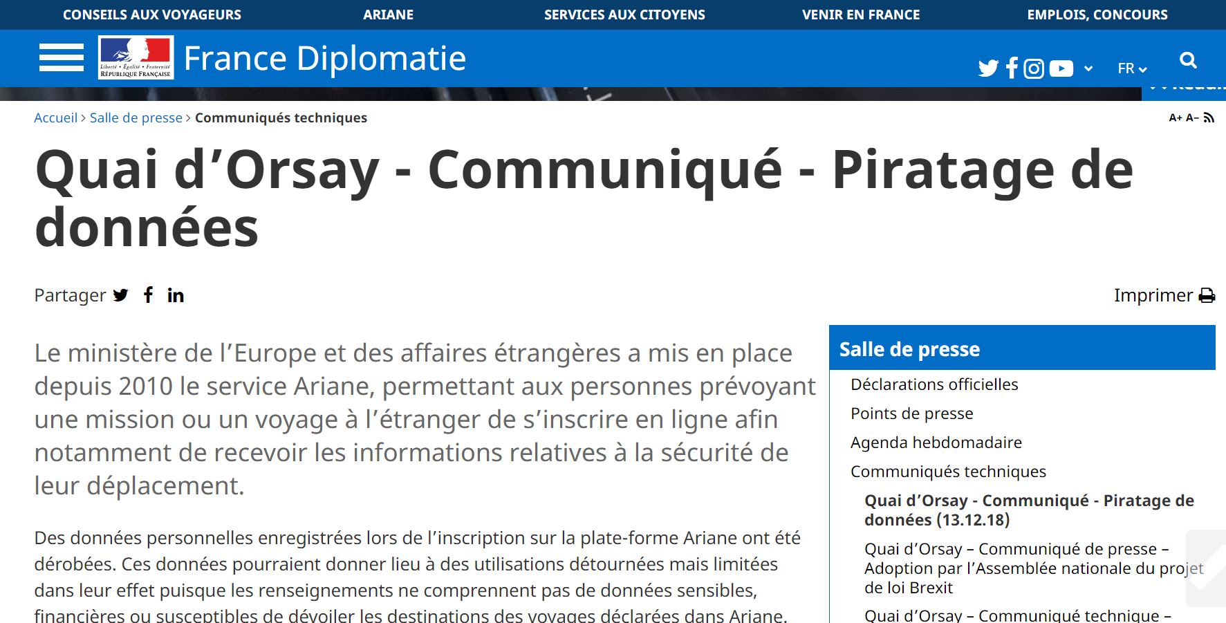 Le site du Quai d'Orsay piraté: des données personnelles ont été dérobées