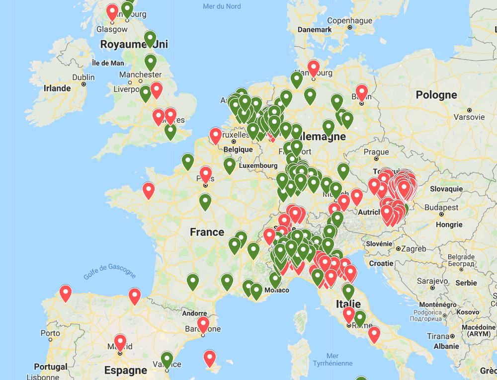 La carte d'Europe des zones de restriction pour les véhicules diesel