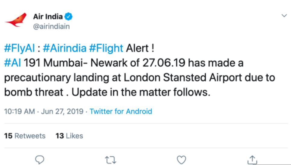 Alerte à la bombe : déroutage d'urgence vers Londres d'un vol d'Air India