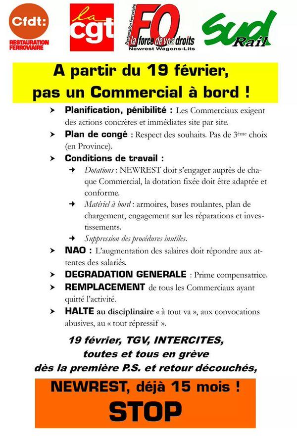 Grève des agents de restauration dans les TGV et Intercités le 19 février
