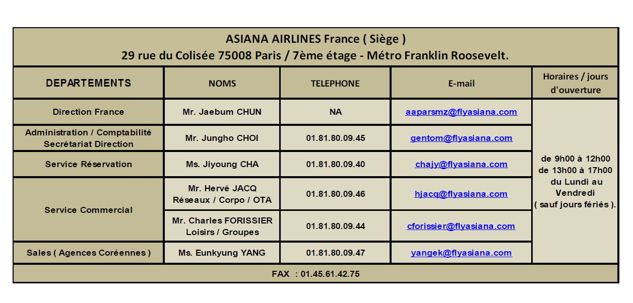 Asiana Airlines France change d'adresse