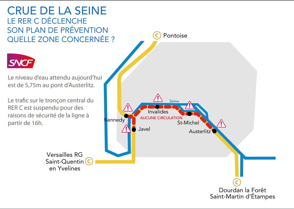 Crue de la Seine : le RER C fermé en intra-muros de Paris